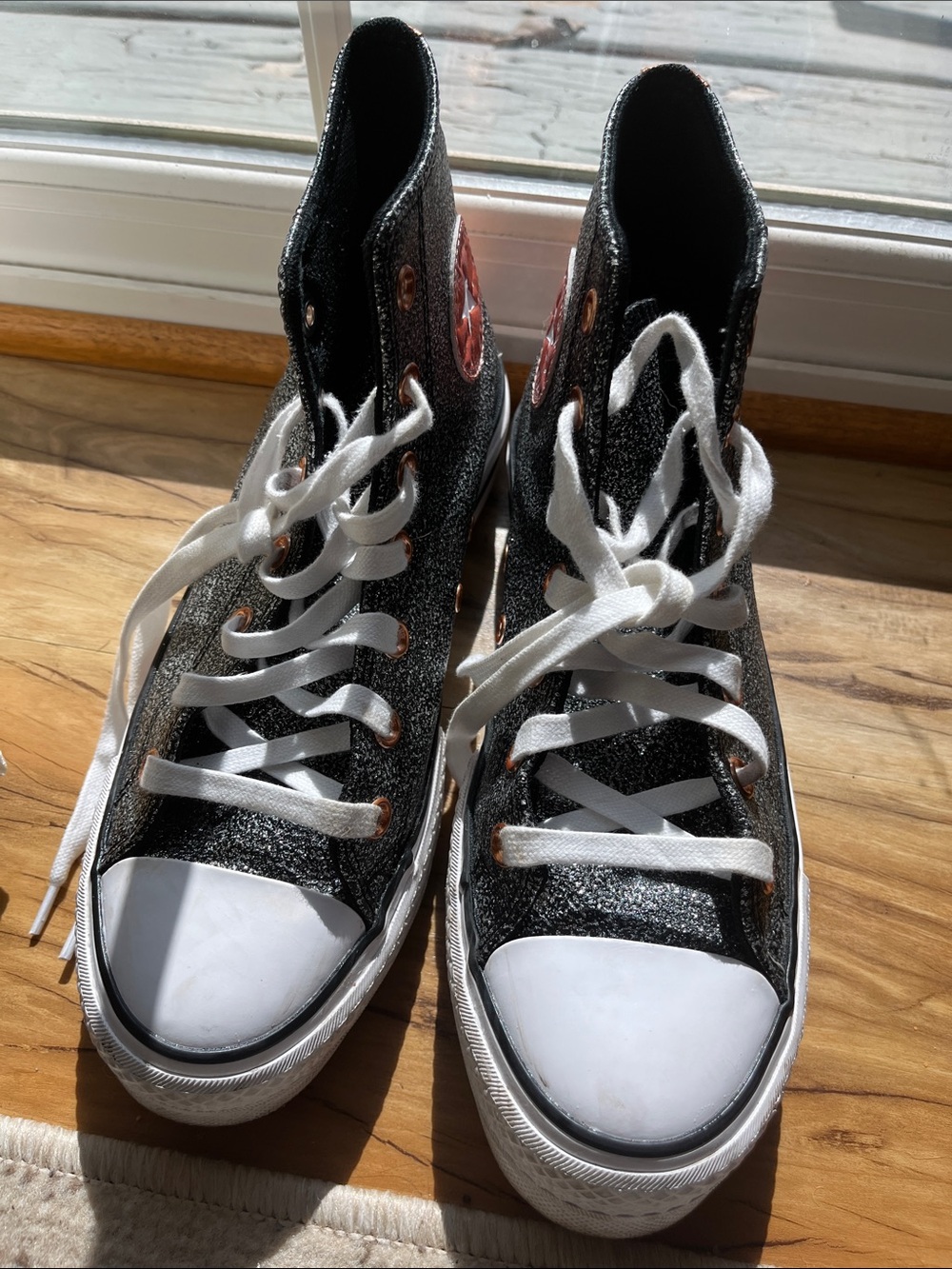 Converse Women's Black Glitter High-Top Sneakers with Rose Gold Accents